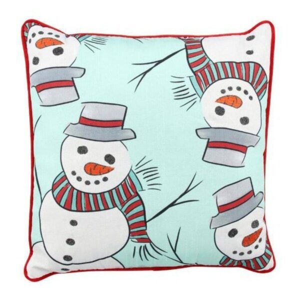Throw Pillow Cushion Festive Snow Christmas Holiday Frosty Snowman 18x18 Teal - Picture 1 of 8
